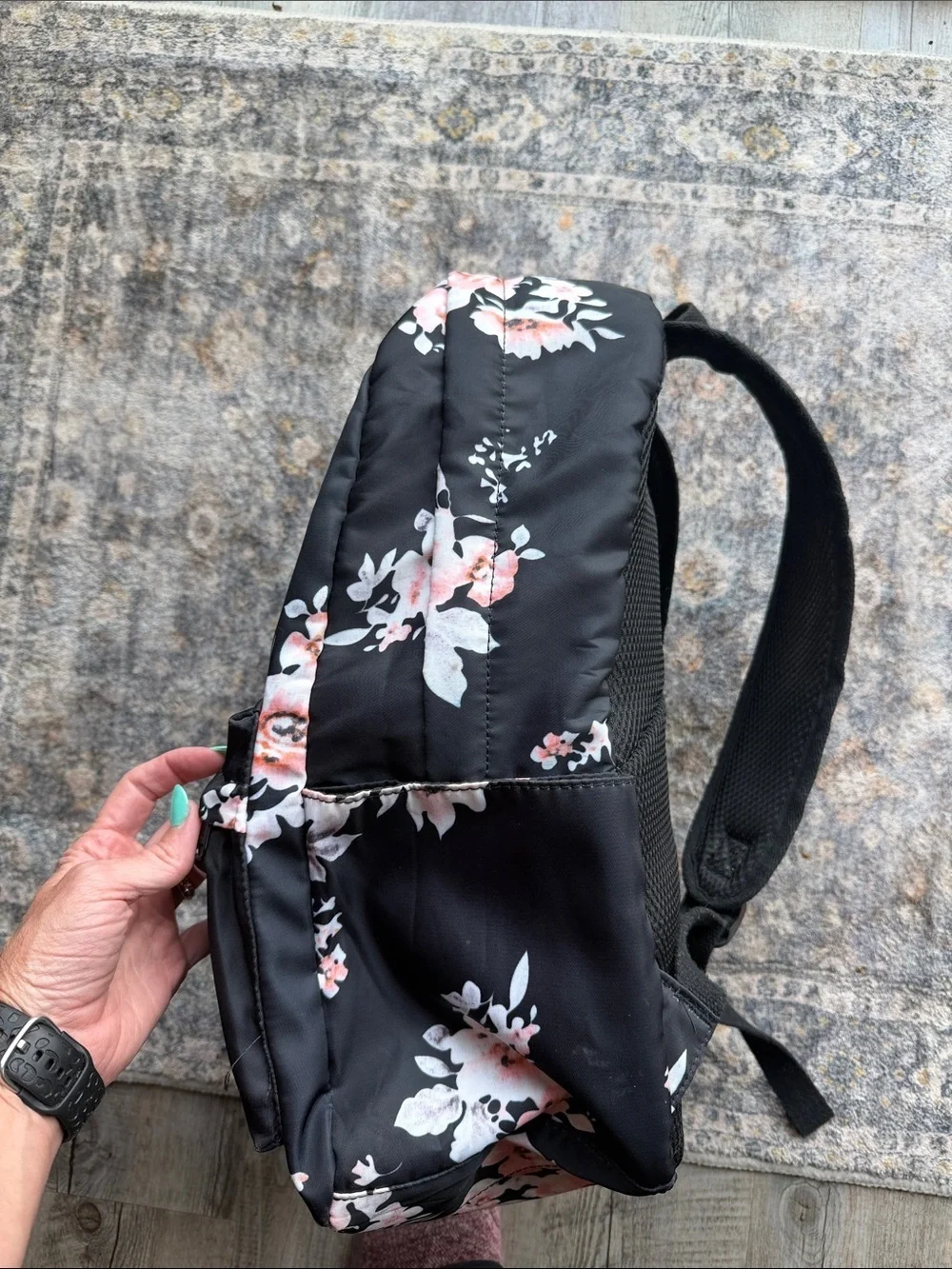 Floral Print Black Backpack with Pink Accent